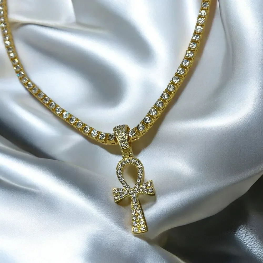 Gold Tone Ahnk Cross Tennis Pendant Necklace 23” Crystal Men's Faith Fashion NEW